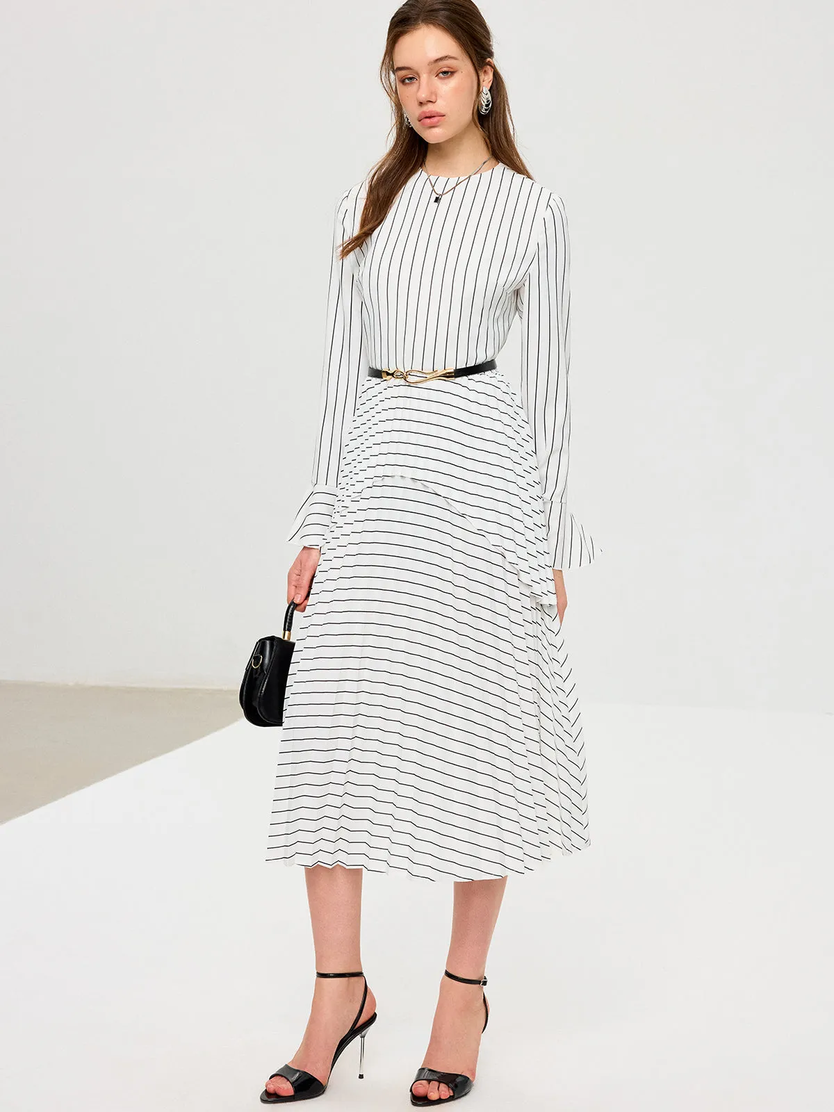 Striped Long Sleeve Belted Midi Dress sold by COMMENSE