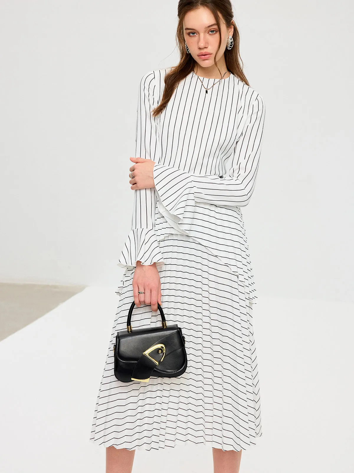 Striped Long Sleeve Belted Midi Dress sold by COMMENSE product image thumbnail 5