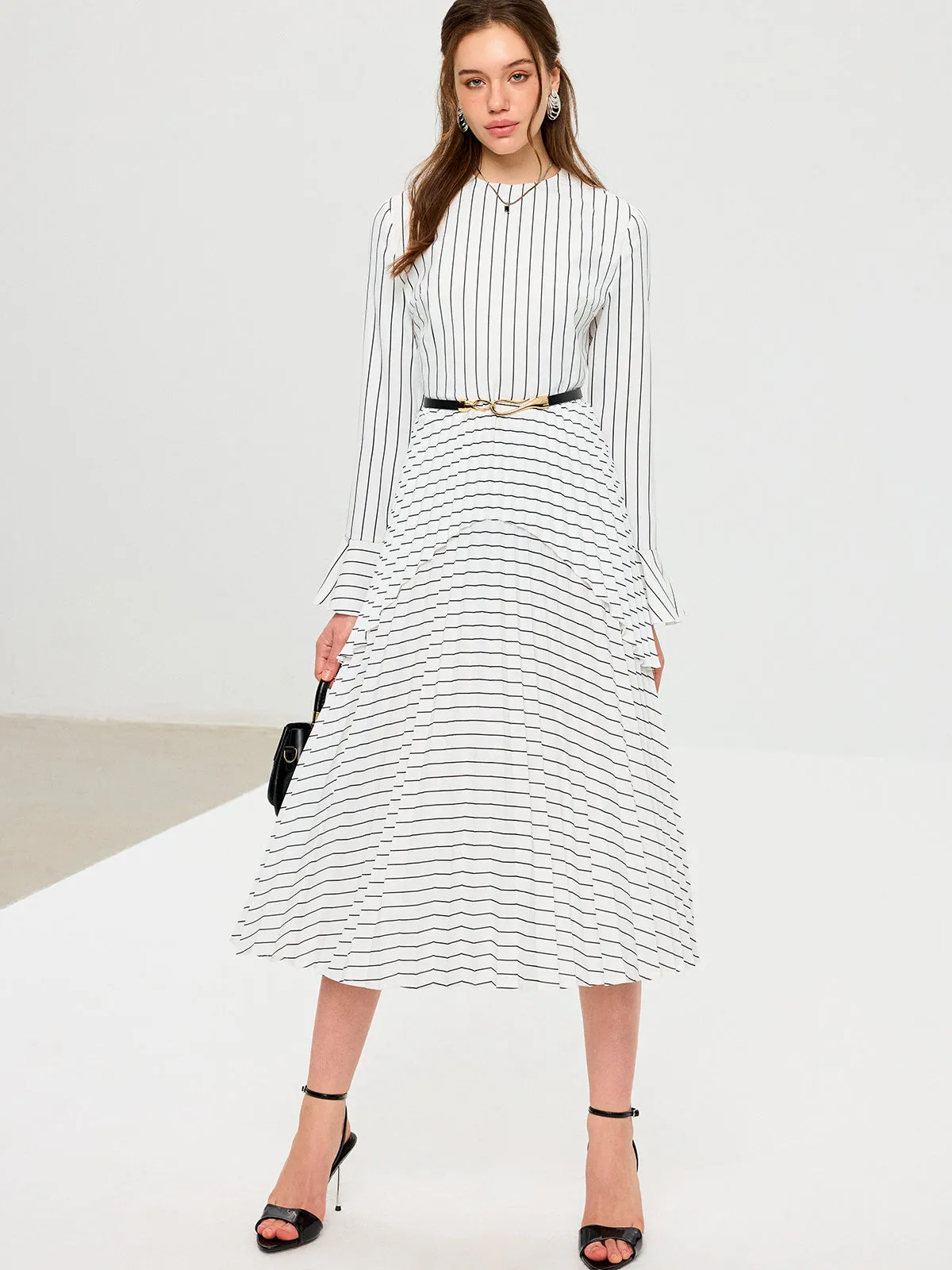 Striped Long Sleeve Belted Midi Dress sold by COMMENSE product image thumbnail 2