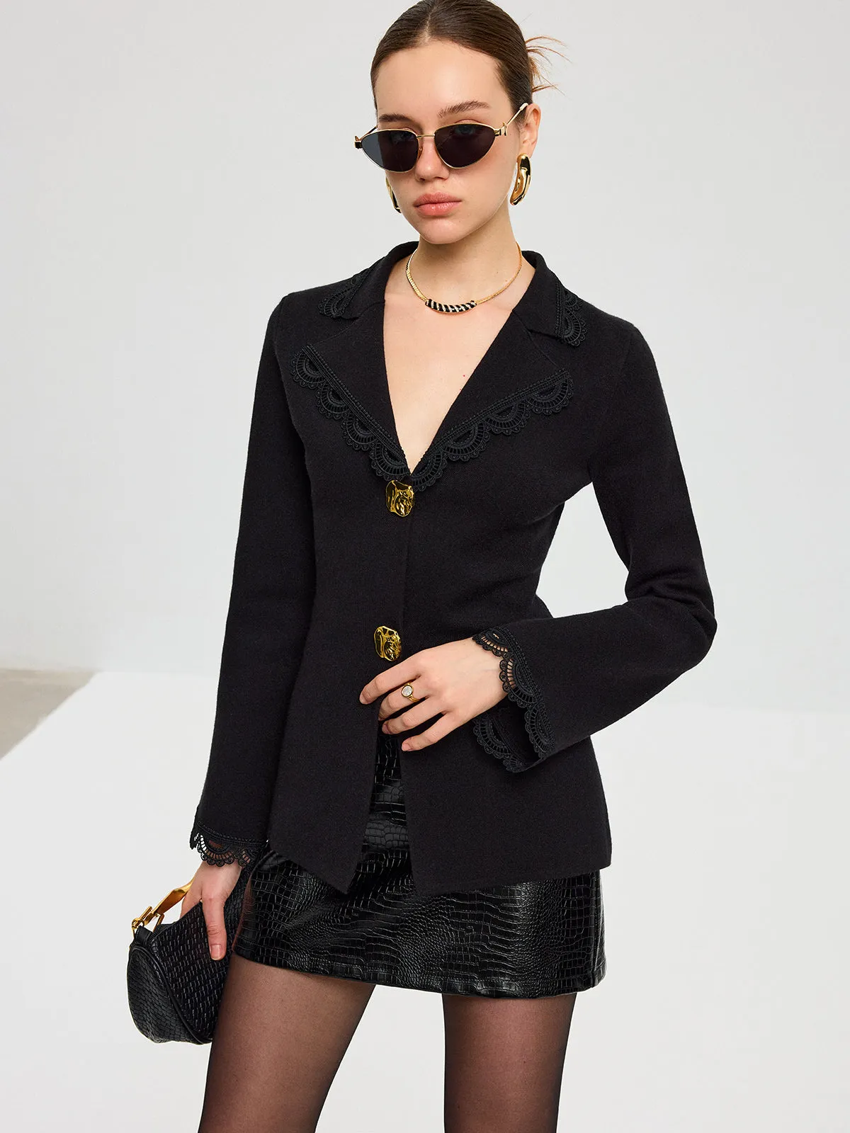 Wool Blend Lace Trim Metal Button Cardigan sold by COMMENSE product image thumbnail 4