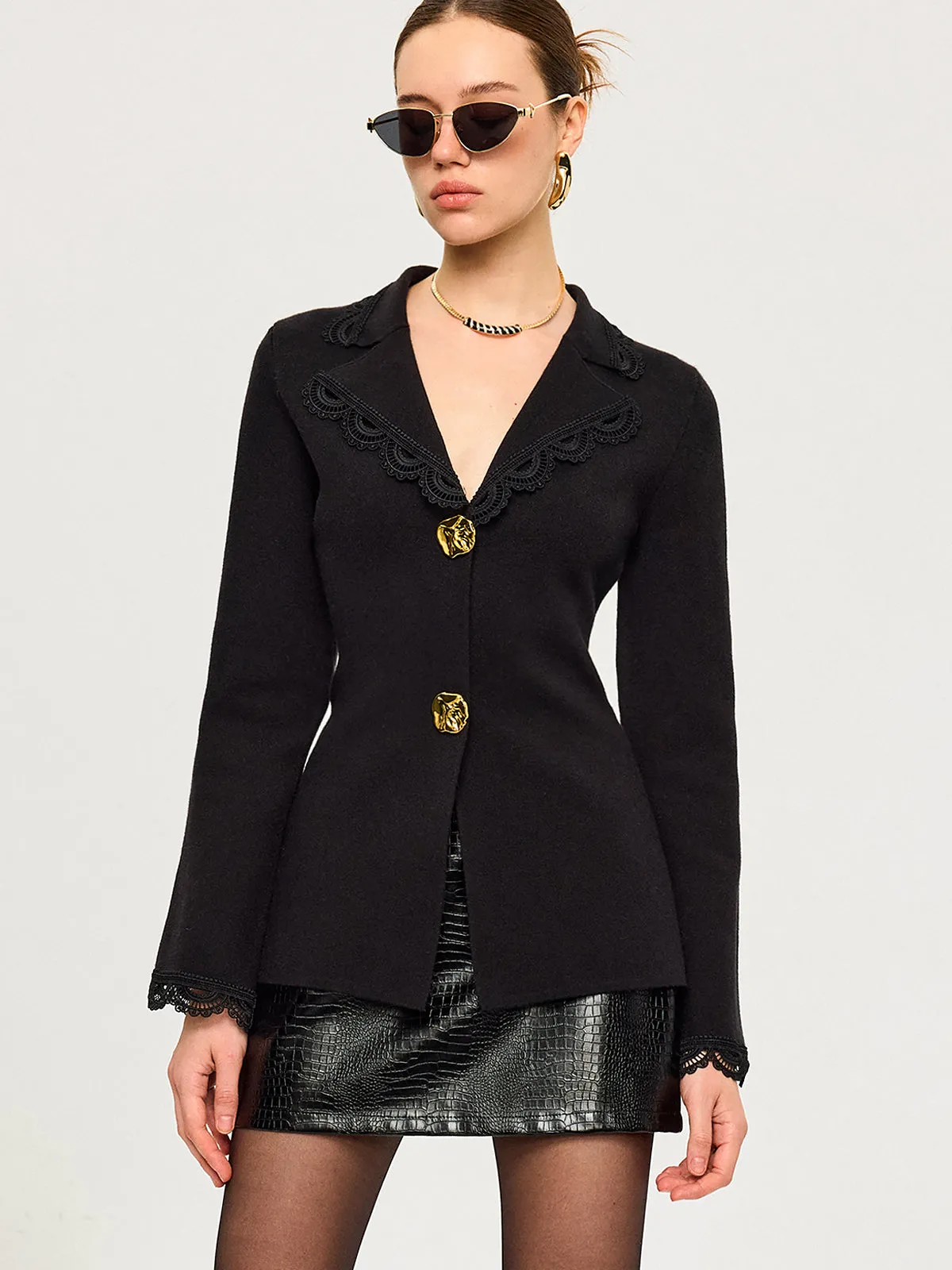 Wool Blend Lace Trim Metal Button Cardigan sold by COMMENSE product image thumbnail 2