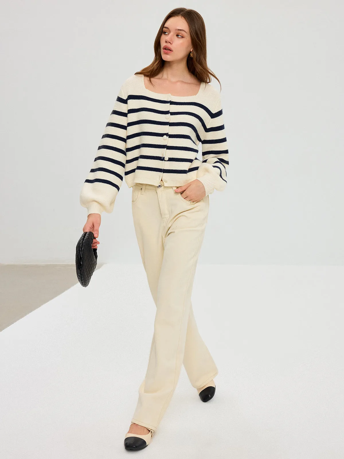 Striped Square Neck Lantern Sleeve Knit Cardigan sold by COMMENSE