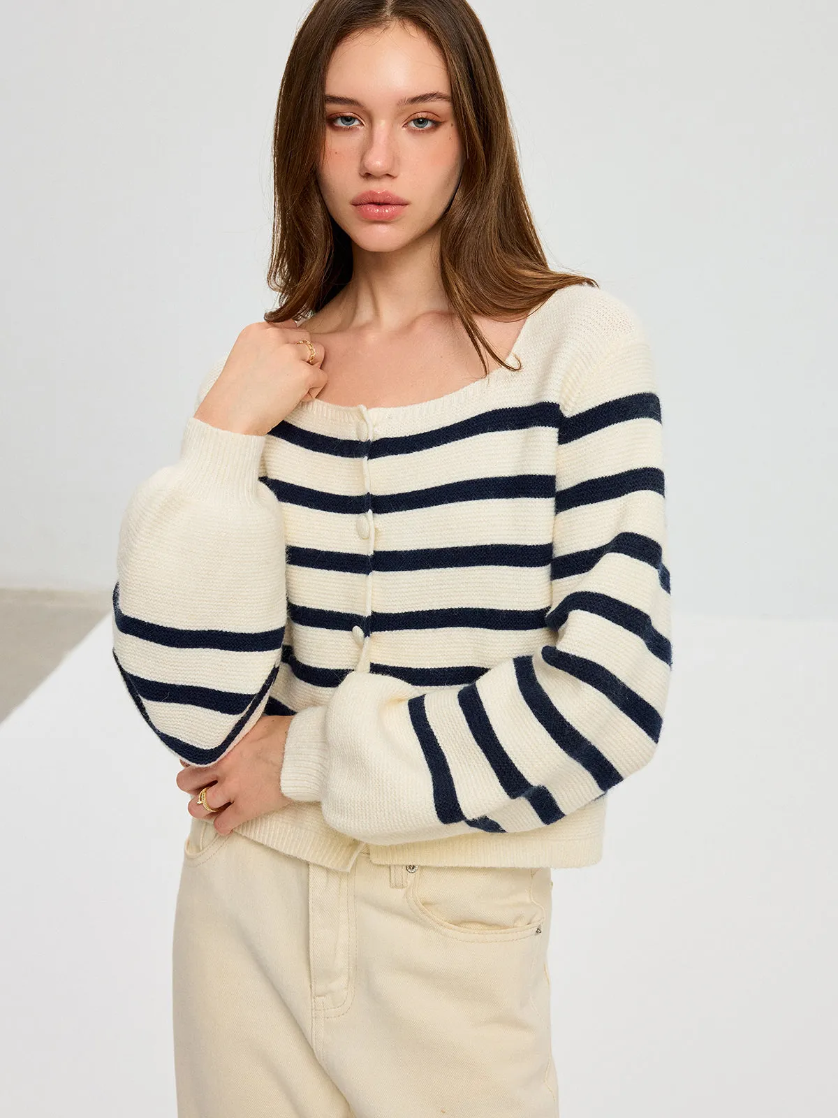 Striped Square Neck Lantern Sleeve Knit Cardigan sold by COMMENSE product image thumbnail 5