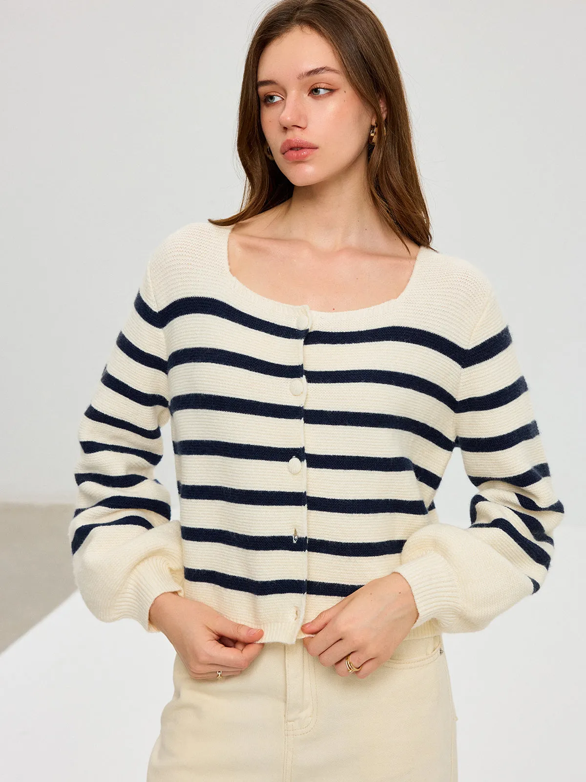 Striped Square Neck Lantern Sleeve Knit Cardigan sold by COMMENSE product image thumbnail 2