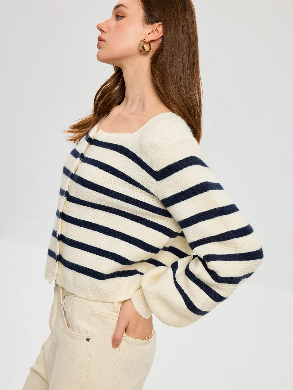 Striped Square Neck Lantern Sleeve Knit Cardigan sold by COMMENSE product image thumbnail 3