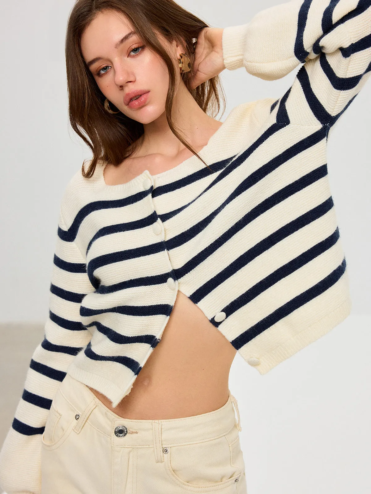 Striped Square Neck Lantern Sleeve Knit Cardigan sold by COMMENSE product image thumbnail 4