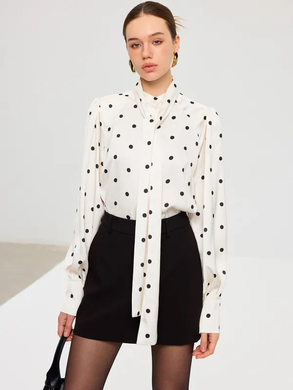 Polka Dot Tie Neck Satin Shirt sold by COMMENSE