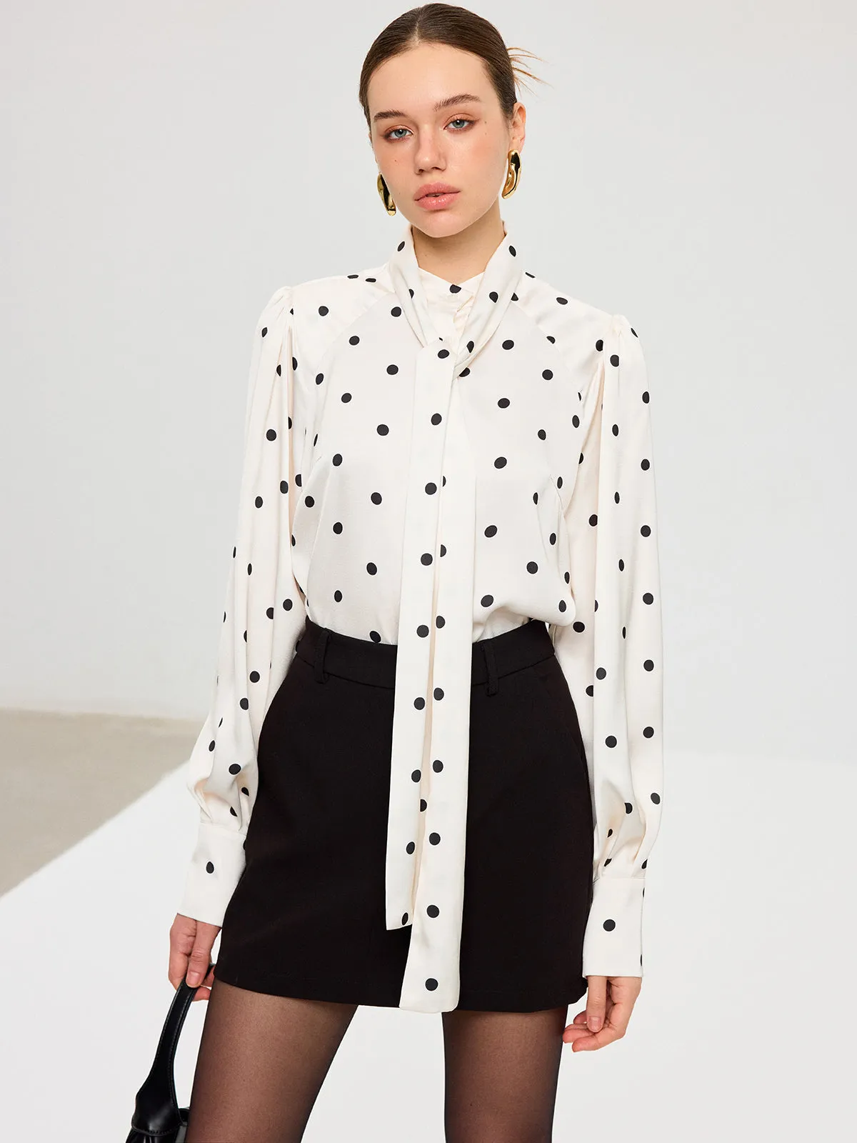 Polka Dot Tie Neck Satin Shirt sold by COMMENSE