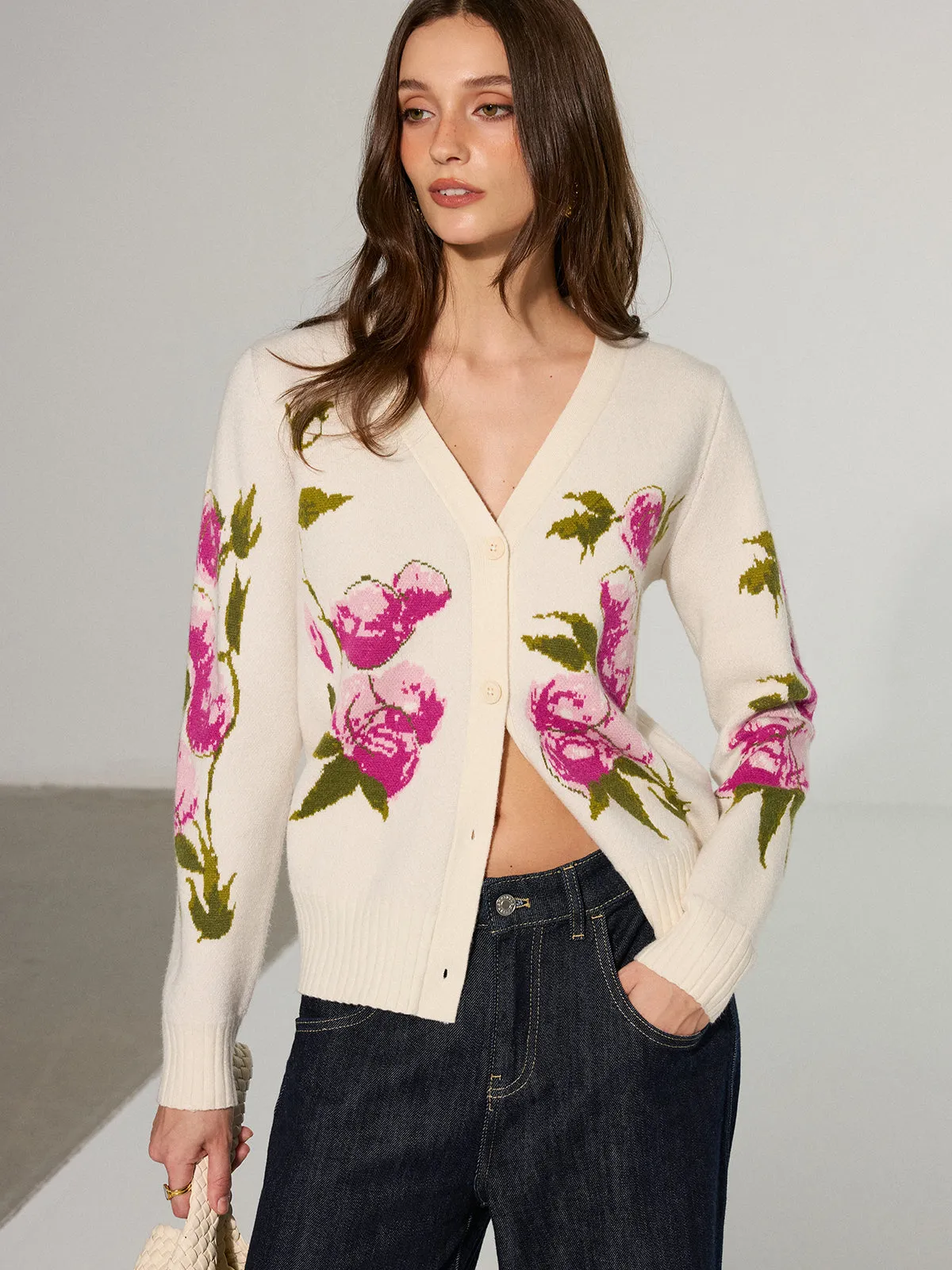 Floral V-Neck Button-Front Cardigan sold by COMMENSE