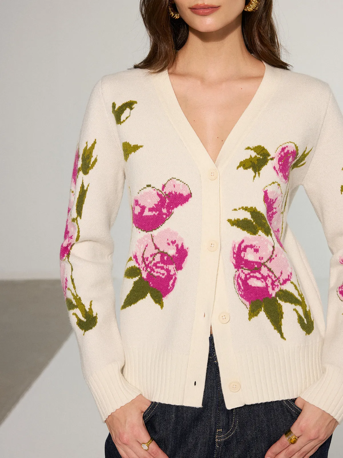 Floral V-Neck Button-Front Cardigan sold by COMMENSE product image thumbnail 5