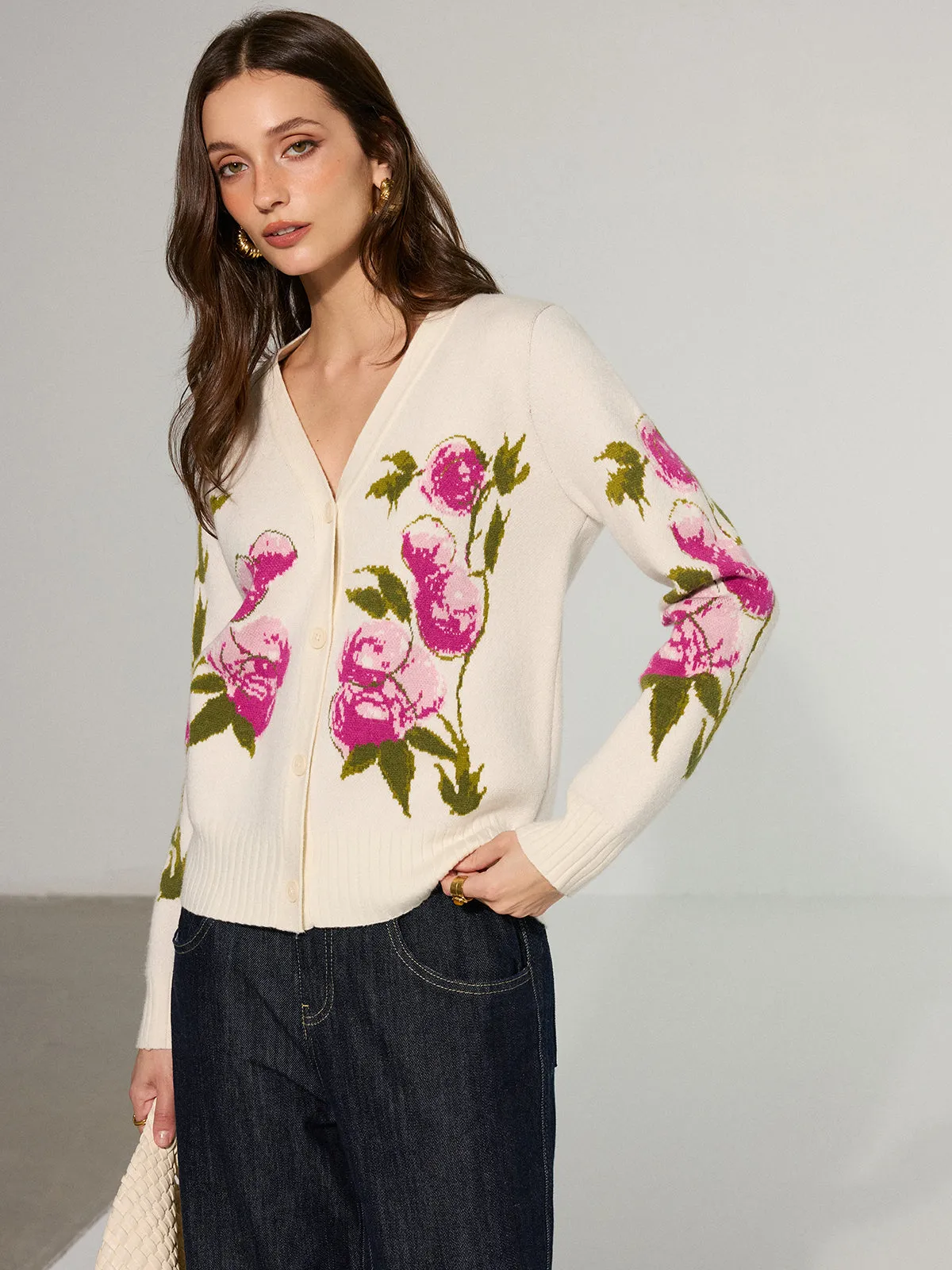 Floral V-Neck Button-Front Cardigan sold by COMMENSE product image thumbnail 2