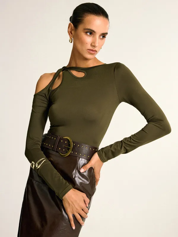 Asymmetric Cut-Out Cold Shoulder Blouse sold by COMMENSE