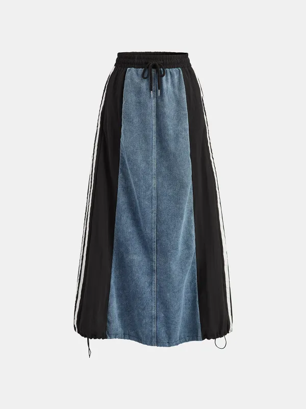Denim Paneled Striped Drawstring Midi Skirt sold by COMMENSE