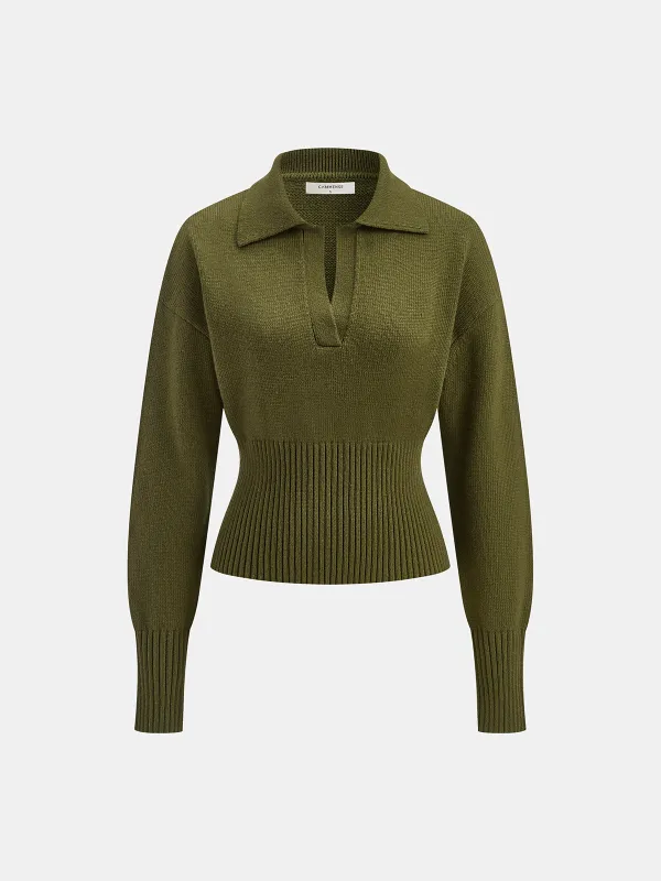 Ribbed Wool Blend Polo Knit Top sold by COMMENSE
