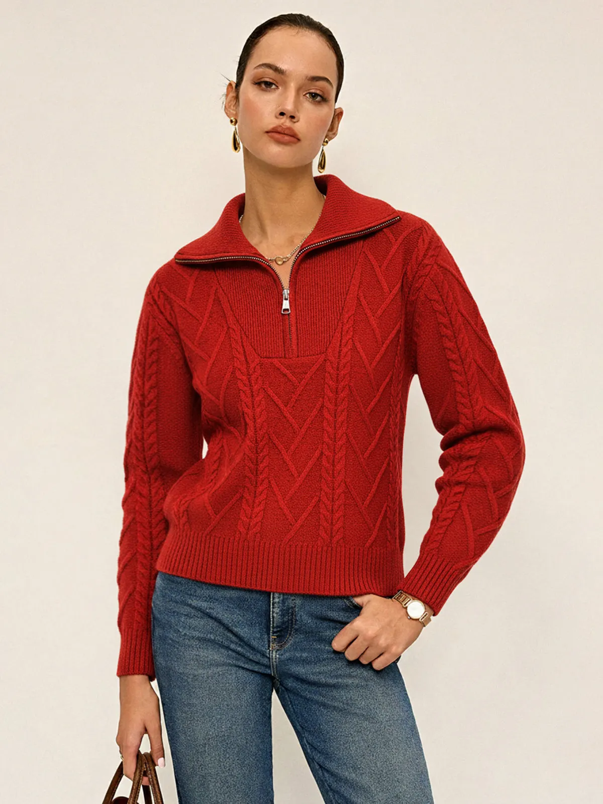 Half-Zip Wool Blend Cable Knit Top sold by COMMENSE product image thumbnail 2