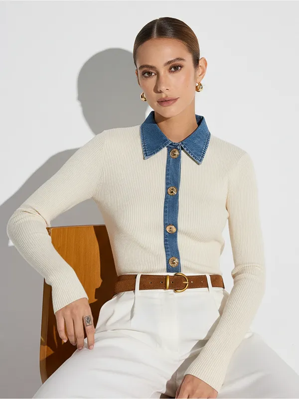 Wool Blend Denim Collar Metal Button Cardigan sold by COMMENSE