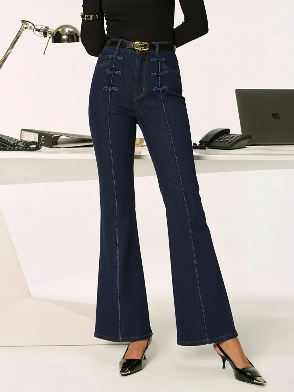 Mandarin Knot Slim Stretch Flare Denim Pants sold by COMMENSE