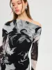 Abstract Print Mesh One-Shoulder Maxi Dress sold by COMMENSE