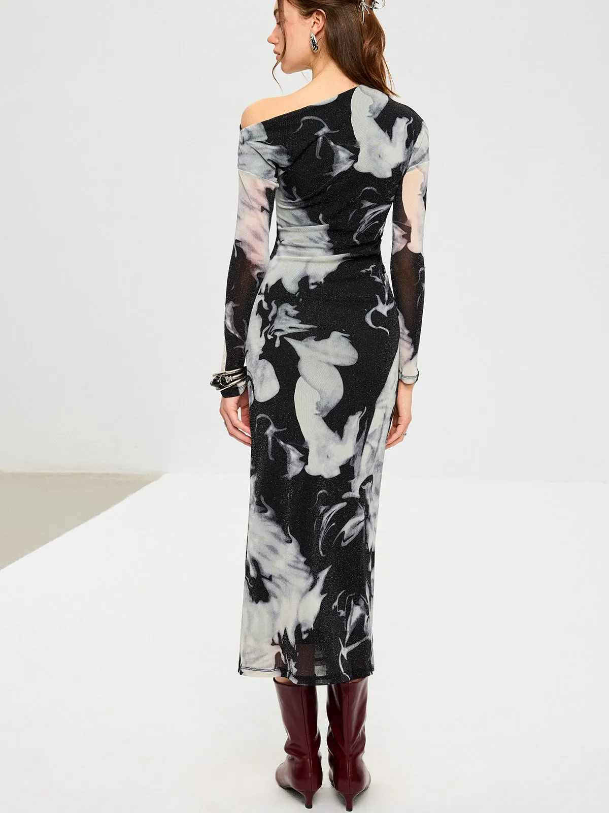 Abstract Print Mesh One-Shoulder Maxi Dress sold by COMMENSE product image thumbnail 4