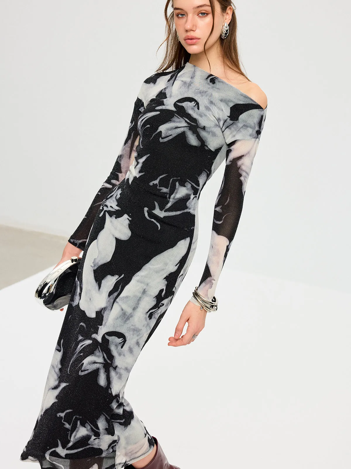 Abstract Print Mesh One-Shoulder Maxi Dress sold by COMMENSE