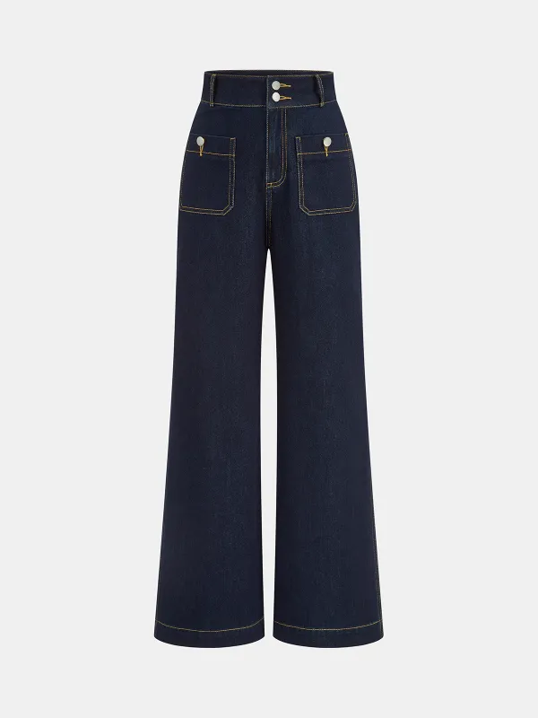 High-Waisted Double-Button Straight-Leg Denim Pants sold by COMMENSE