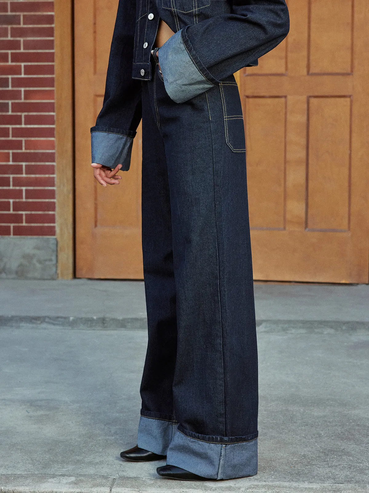 High-Waist Cuffed Wide-Leg Jeans sold by COMMENSE product image thumbnail 4