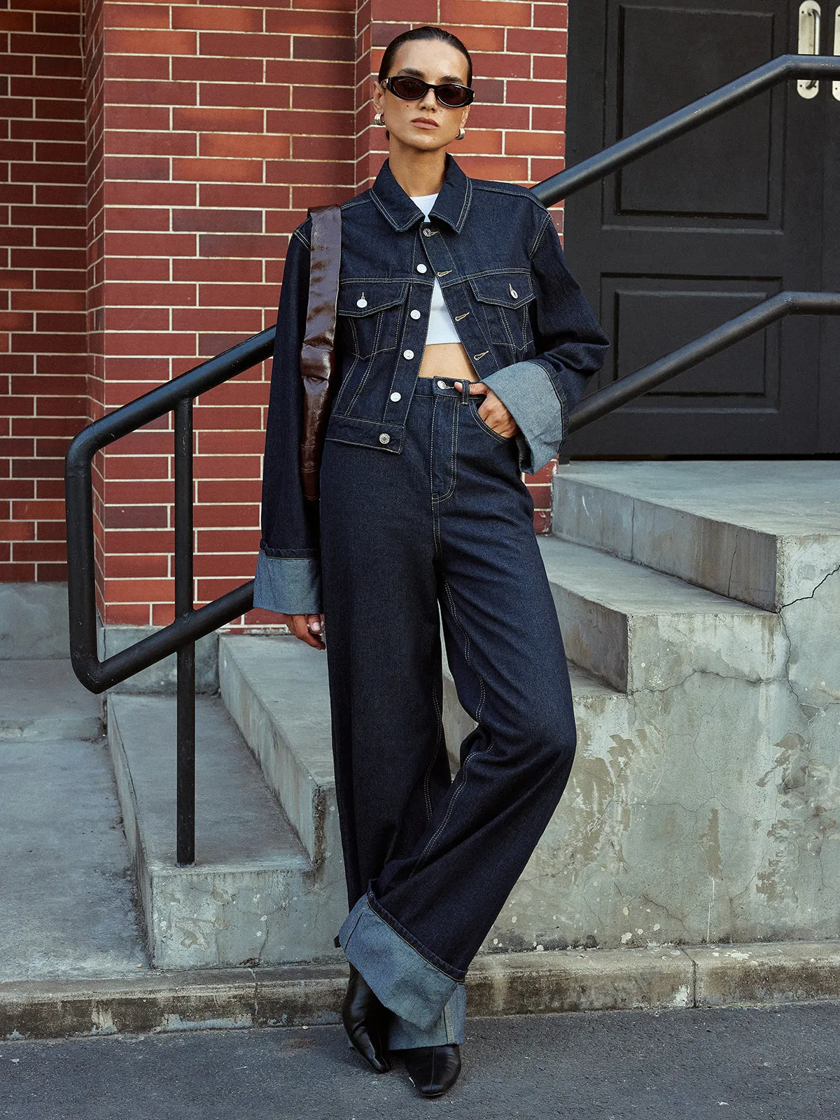 High-Waist Cuffed Wide-Leg Jeans sold by COMMENSE