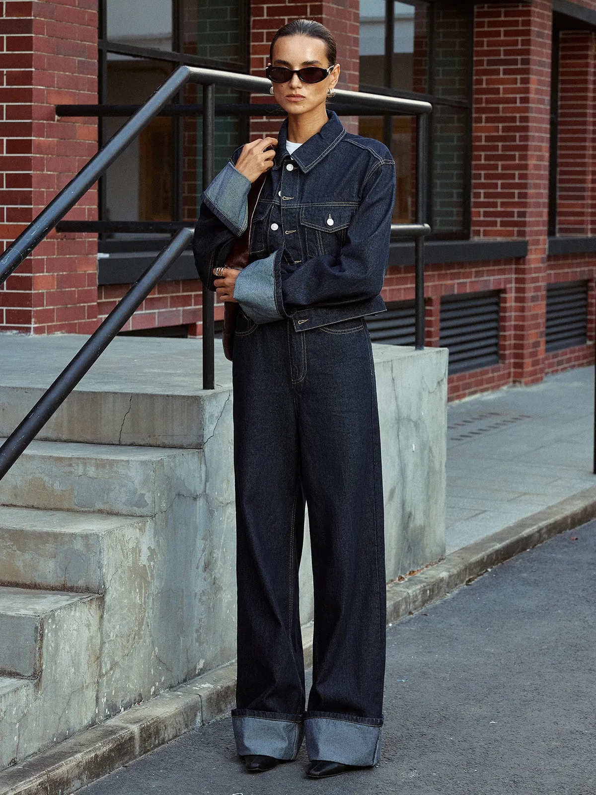 High-Waist Cuffed Wide-Leg Jeans sold by COMMENSE product image thumbnail 3