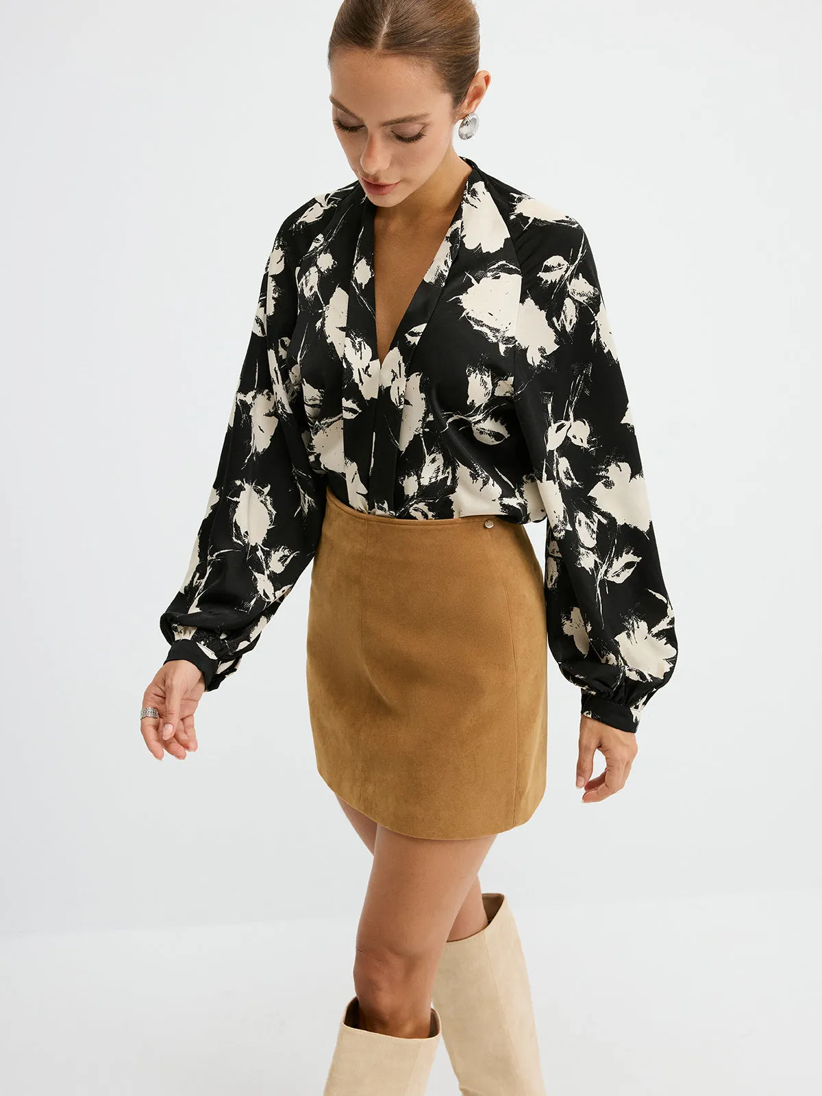 Lantern Sleeve Floral Print Shirt sold by COMMENSE