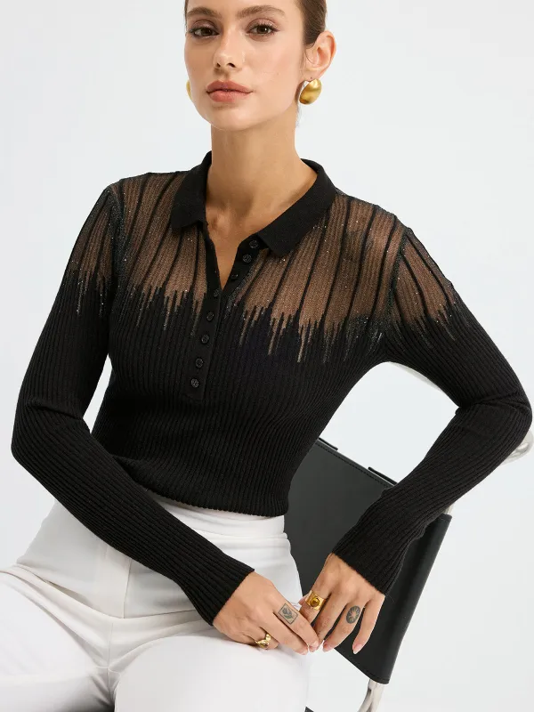 Glitter Detail Sheer Panel  Polo Knit Top sold by COMMENSE