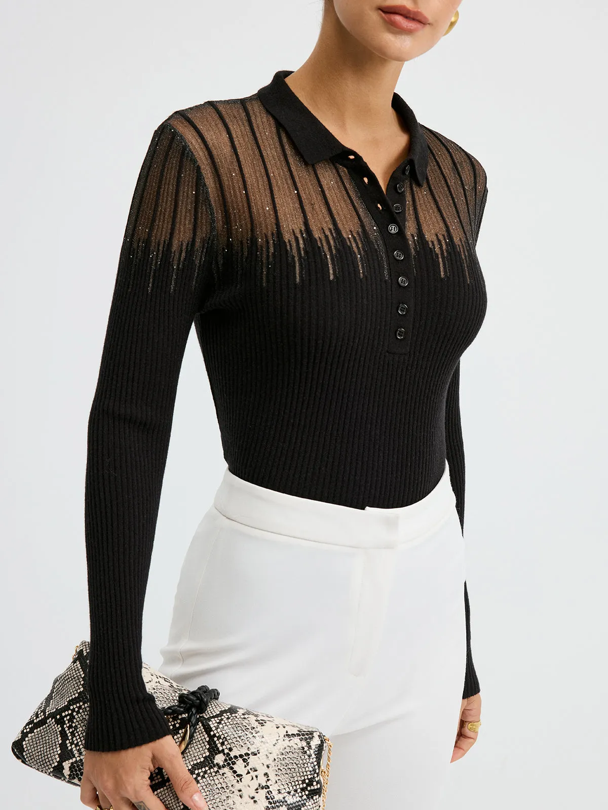 Glitter Detail Sheer Panel Polo Knit Top sold by COMMENSE product image thumbnail 5