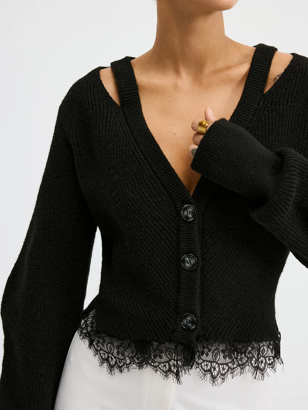 Lace Hem Wool Blend Cardigan sold by COMMENSE product image thumbnail 4