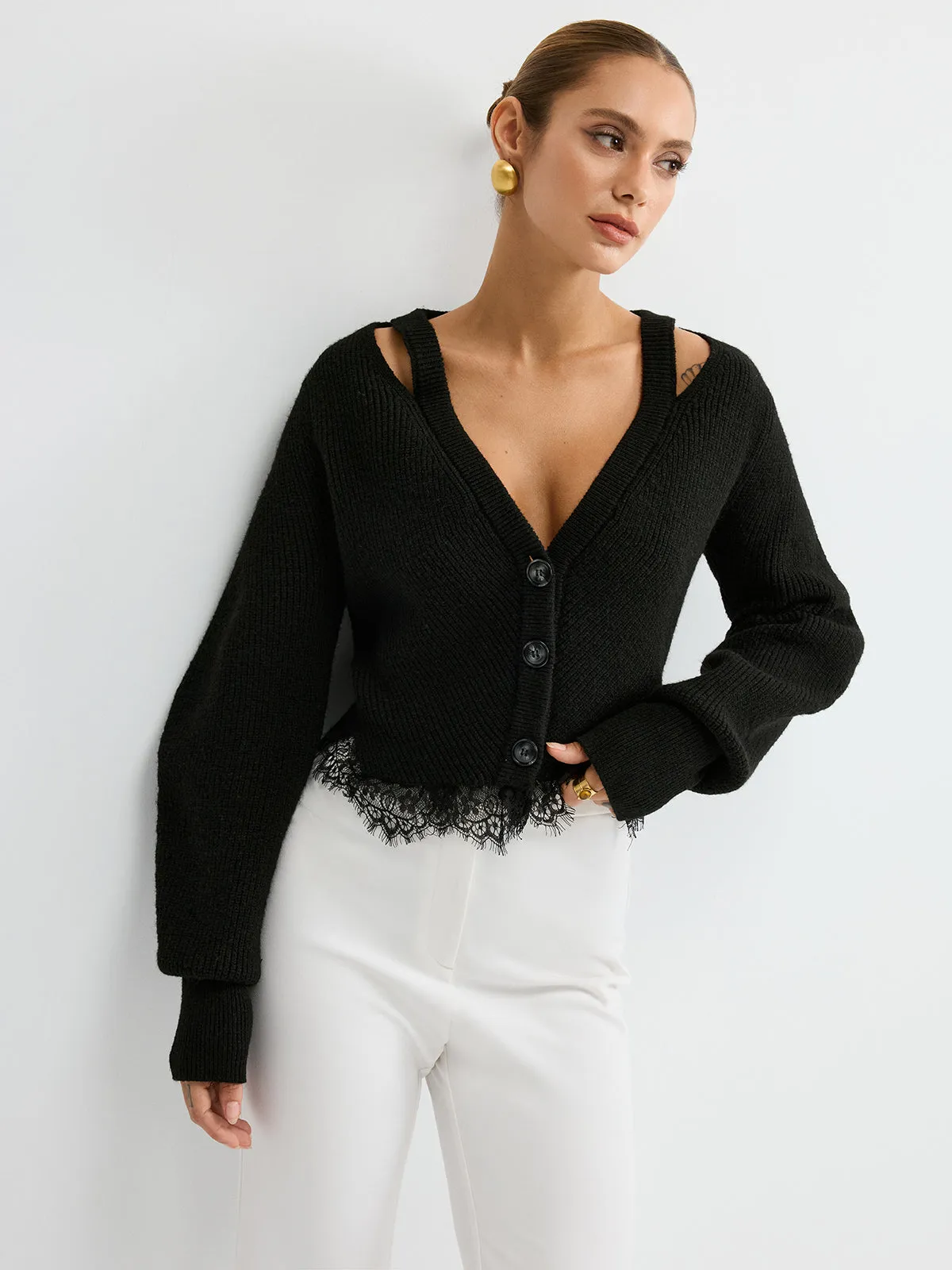 Lace Hem Wool Blend Cardigan sold by COMMENSE product image thumbnail 2