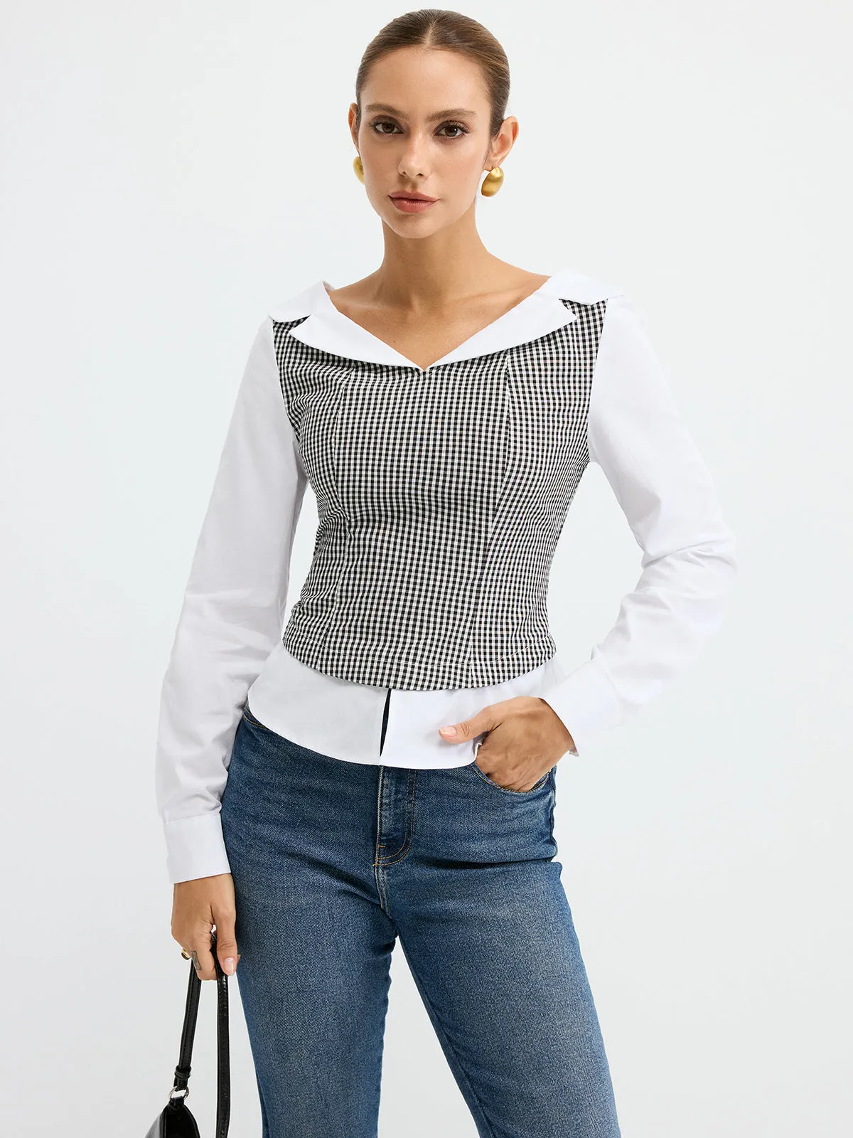 2 in 1 Gingham Paneled Shirt sold by COMMENSE product image thumbnail 3
