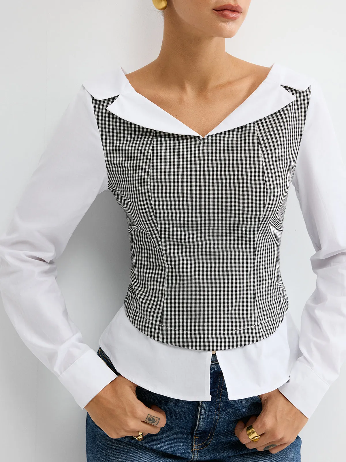 2 in 1 Gingham Paneled Shirt sold by COMMENSE product image thumbnail 4