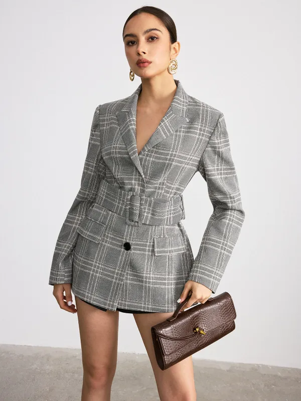 Plaid Cotton Blend Blazer with Wide Belt sold by COMMENSE