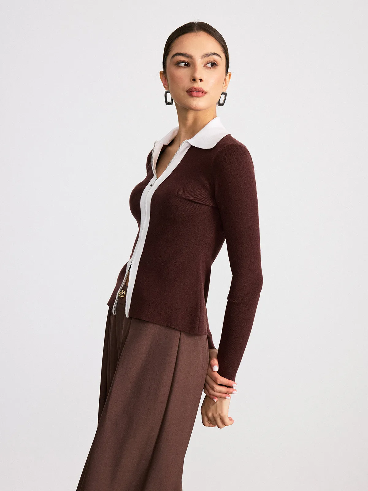 Contrast Collar Wool Blend Zip-Up Cardigan sold by COMMENSE product image thumbnail 3