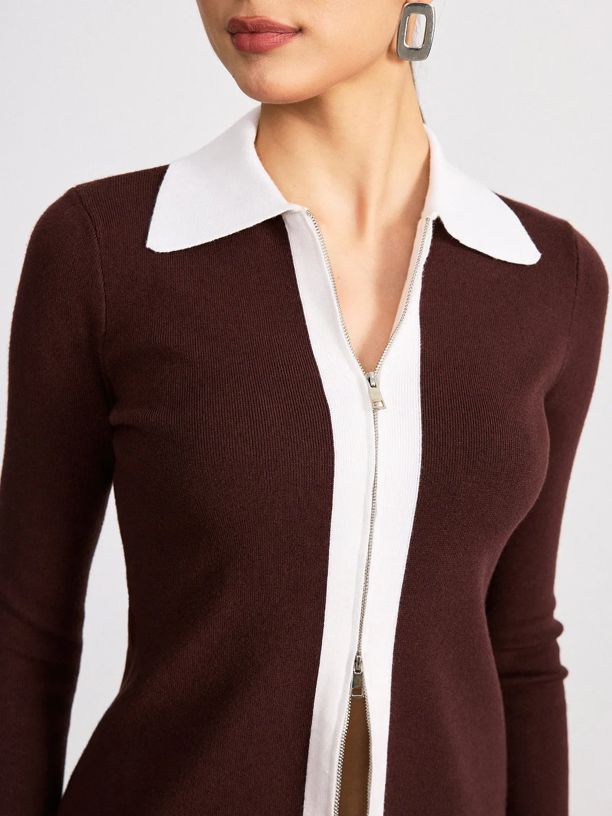 Contrast Collar Wool Blend Zip-Up Cardigan sold by COMMENSE product image thumbnail 4