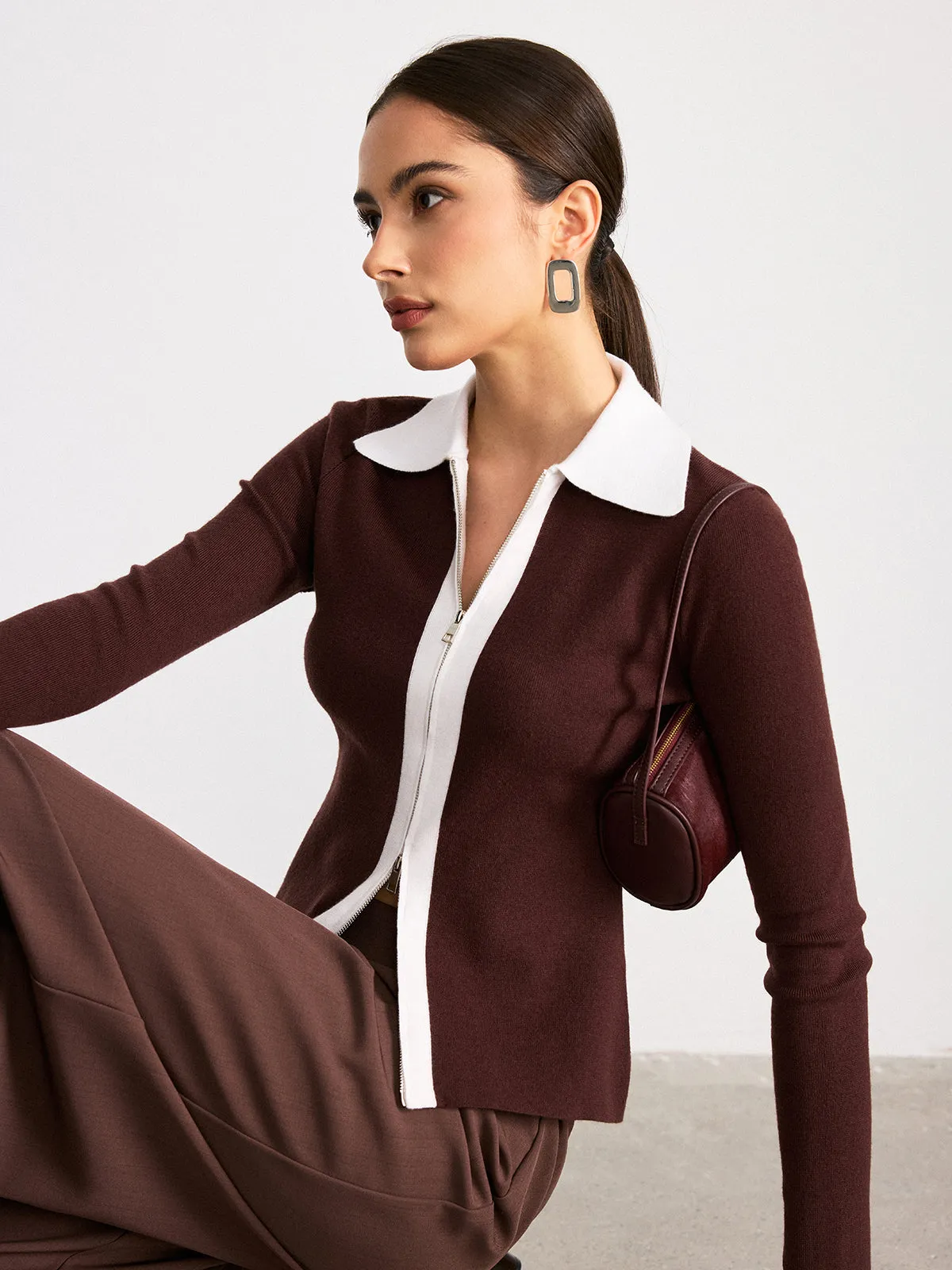 Contrast Collar Wool Blend Zip-Up Cardigan sold by COMMENSE