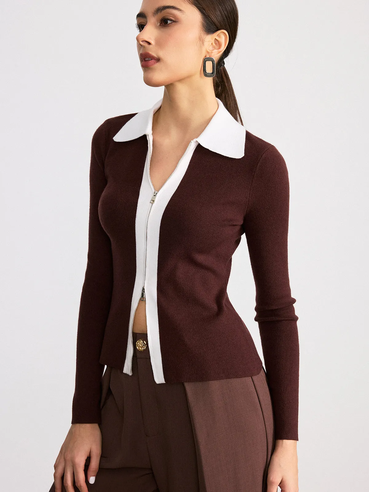 Contrast Collar Wool Blend Zip-Up Cardigan sold by COMMENSE product image thumbnail 5