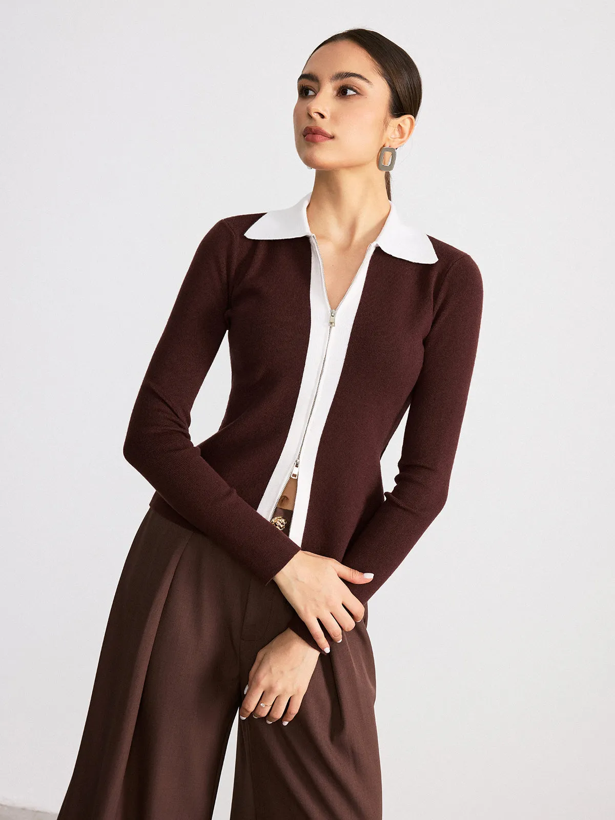 Contrast Collar Wool Blend Zip-Up Cardigan sold by COMMENSE product image thumbnail 2