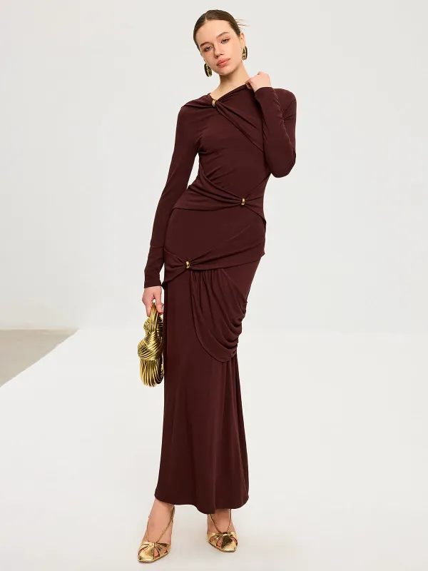 Metal Detail Long Sleeve Draped Maxi Dress sold by COMMENSE