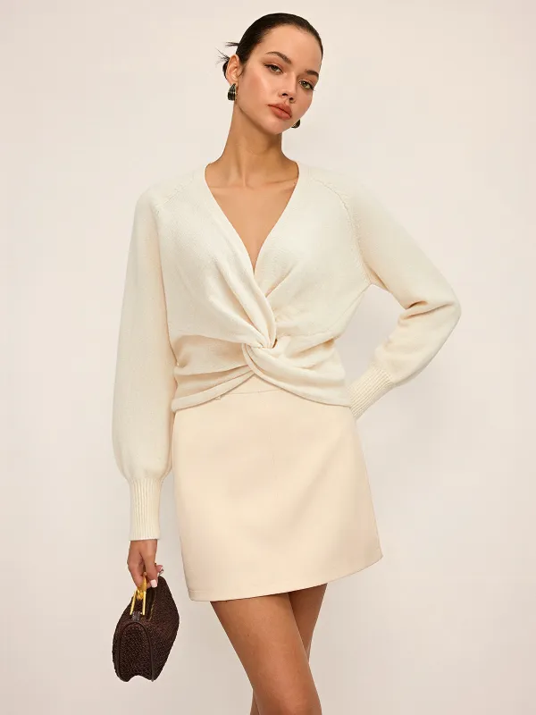 Twist V-Neck Leg-Of Mutton Sleeve Sweater sold by COMMENSE