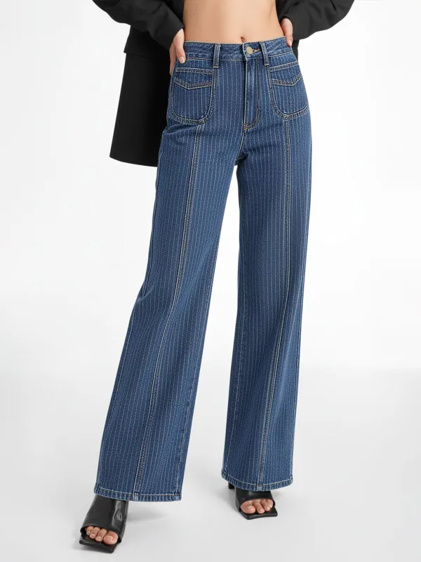 Pinstripe Mid-Waisted Straight-Leg Jeans sold by COMMENSE