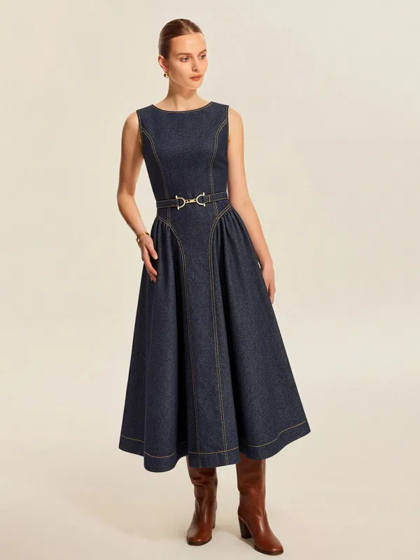 Denim Sleeveless Belted Flared Maxi Dress sold by COMMENSE