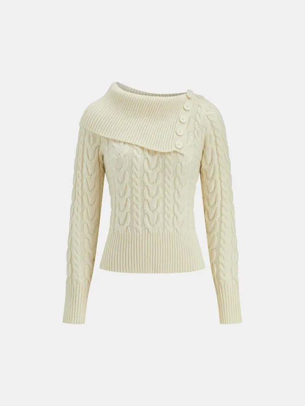 Asymmetric Collar Cable Knit Sweater sold by COMMENSE