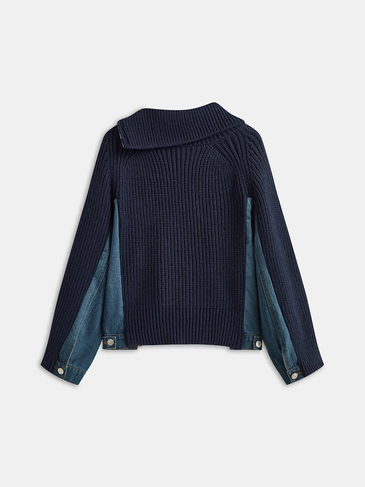 Asymmetric Zip Denim Panel Knit Cardigan sold by COMMENSE product image thumbnail 2