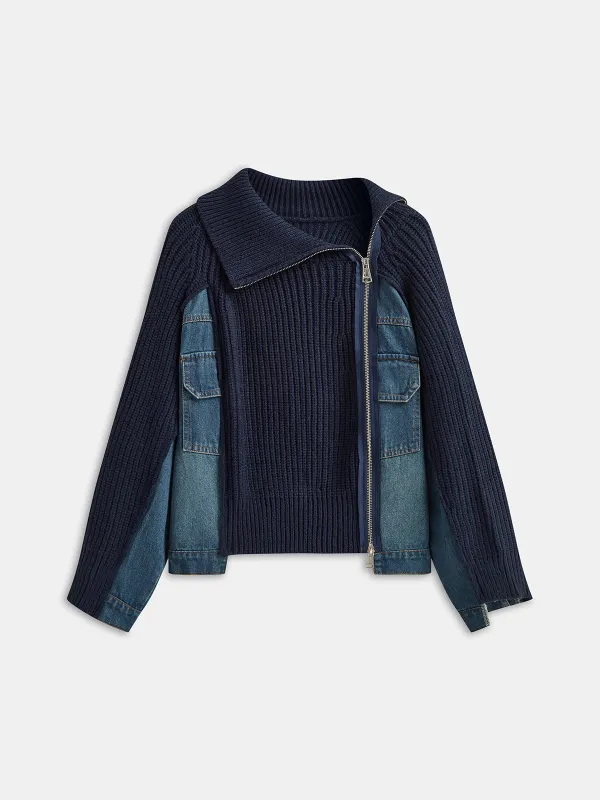Asymmetric Zip Denim Panel Knit Cardigan sold by COMMENSE