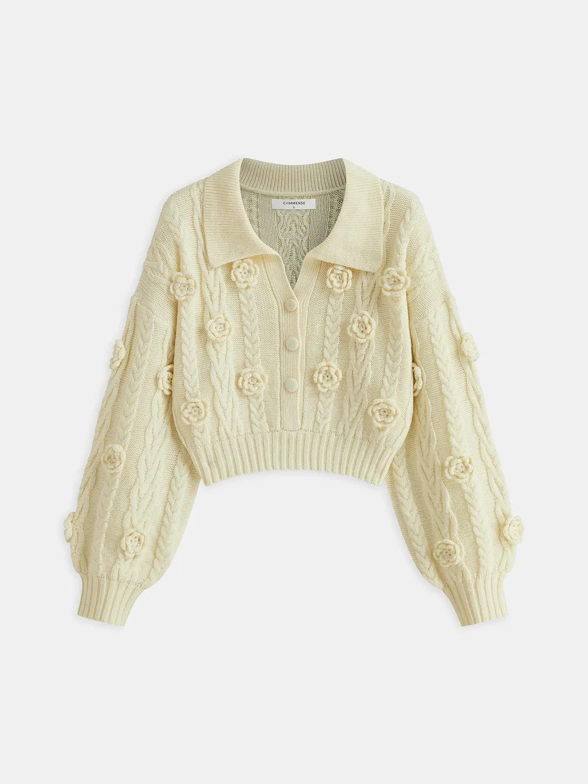 3D Floral Collared Cable Knit Top sold by COMMENSE