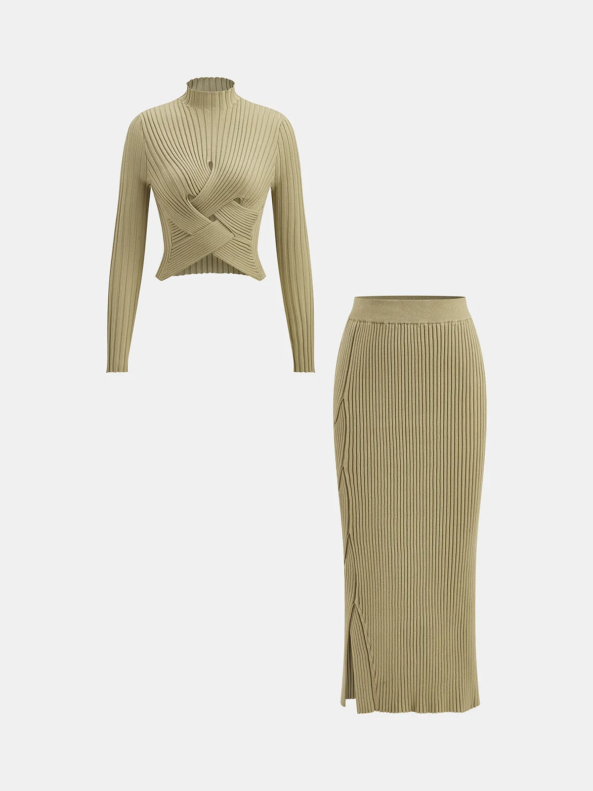 Mock Neck Cross-Over Crop Top and Midi Skirt Set sold by COMMENSE